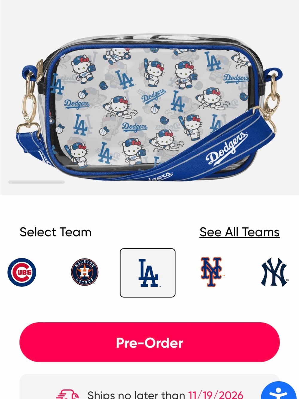 FOCO Dodgers/Hello Kitty Clear Crossbody Bag - Blue